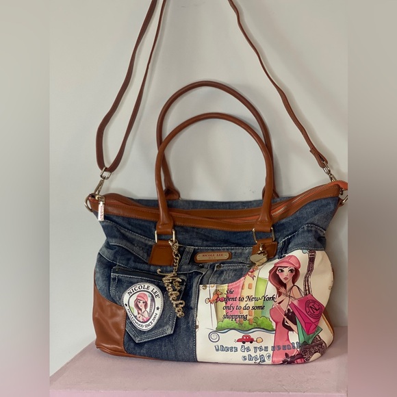 Nicole Lee Handbags - Nicole Lee Denim and Brown Large Shoulder Crossbody Tote Bag